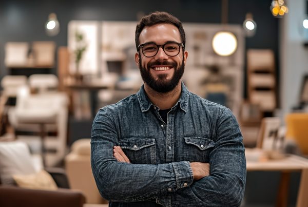 portrait of a smiling young man in a furniture store.