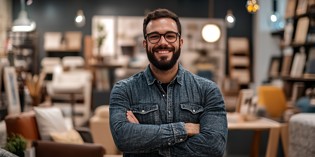 portrait of a smiling young man in a furniture store.